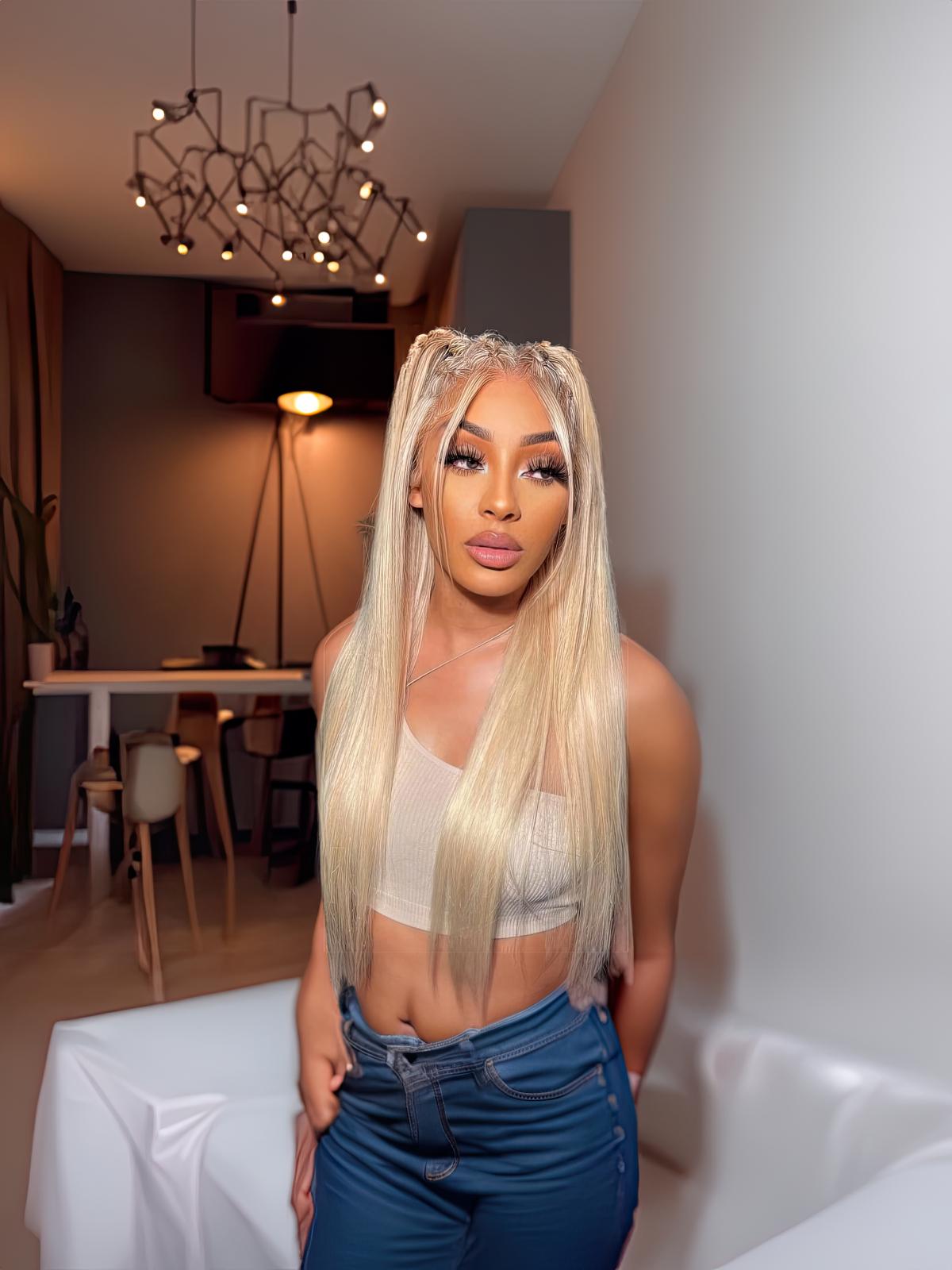 13x4 Lace Front Blonde With Ash Brown Highlights Straight Wig
