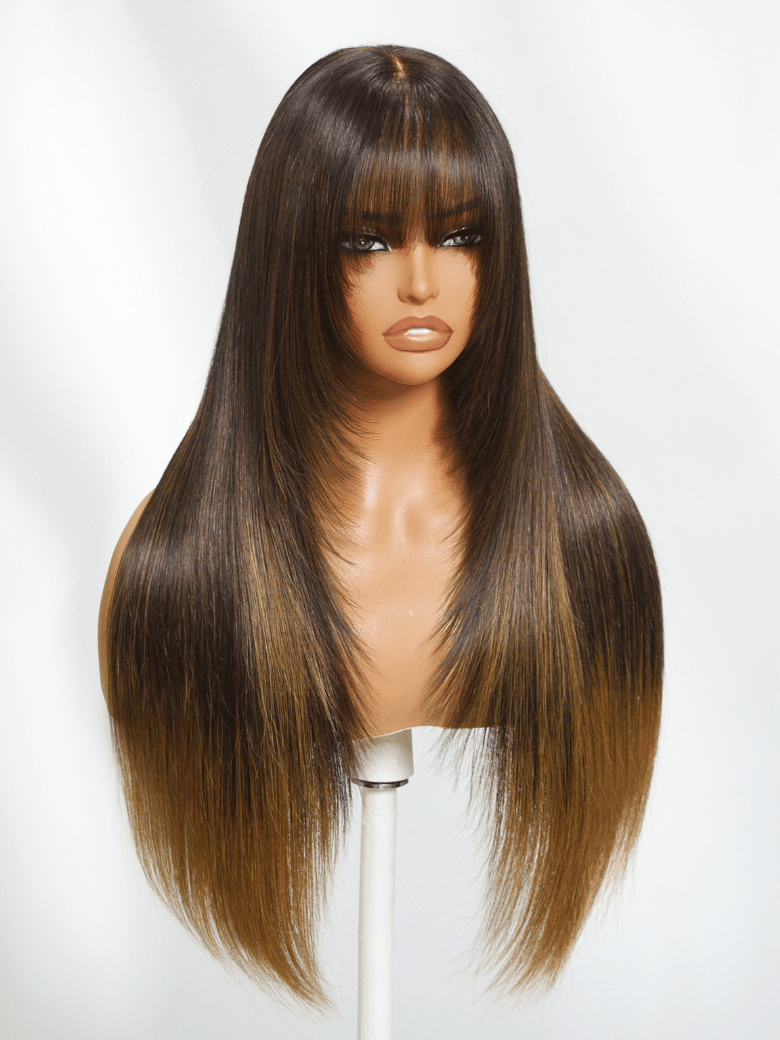 Bye-Bye Knots 7x5 Lace Brown to Blonde Ombre Layered Straight Wig With Wispy Bangs