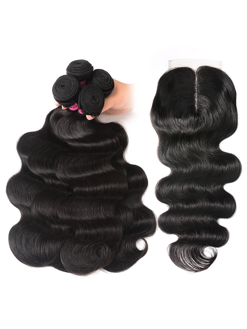 Hair Body Wave Hair Bundles with Closure 100% Unprocessed Human Hair 4 Bundles with Middle Part T Part Lace Closure Natural Color
