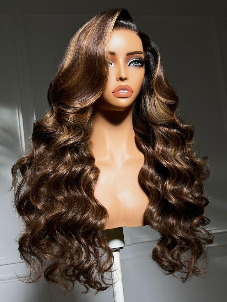 7x5 Bye Bye Slip? Lace Caramel Highlights on Chocolate Brown with Dark Roots Body Wave Glueless Wig with Side Part Bangs