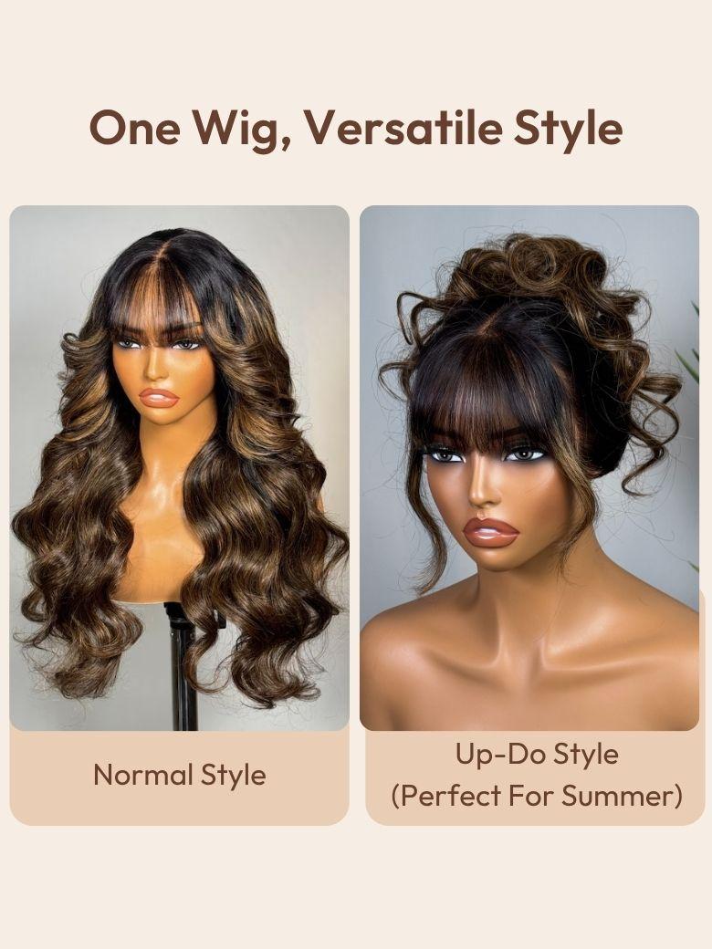 13x4 Pre-Everything? Lace Frontal Black Fluffy Natural Loose Wave Curtain Bangs Wig