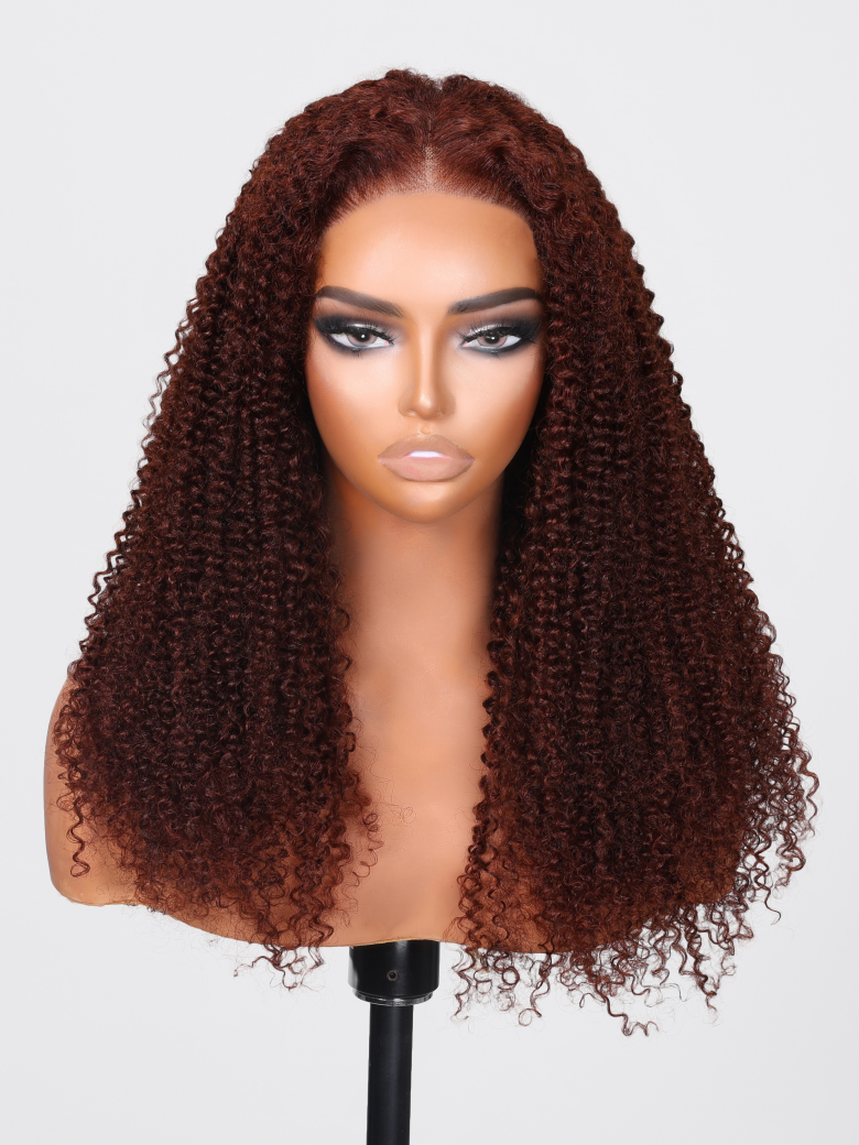 6x4.5 Put On And Go Pre-Plucked Reddish Brown Kinky Curly Wig 150% Density