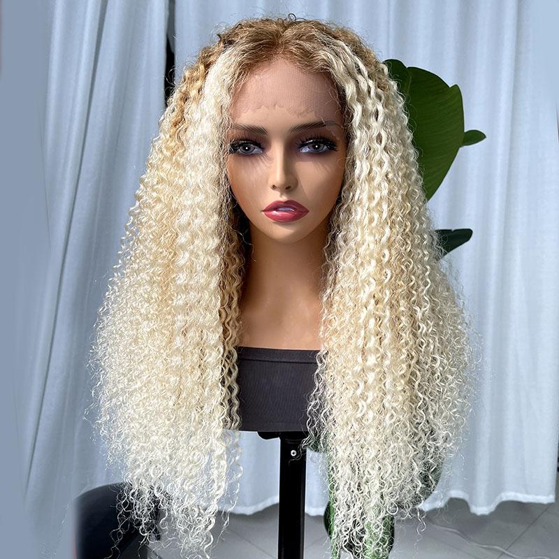 Super Sale Light Blonde With Honey Brown Roots Curly Lace Front Wig 150% Density