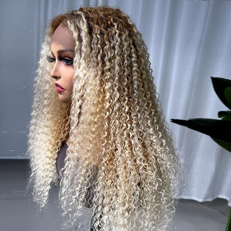 Super Sale Light Blonde With Honey Brown Roots Curly Lace Front Wig 150% Density