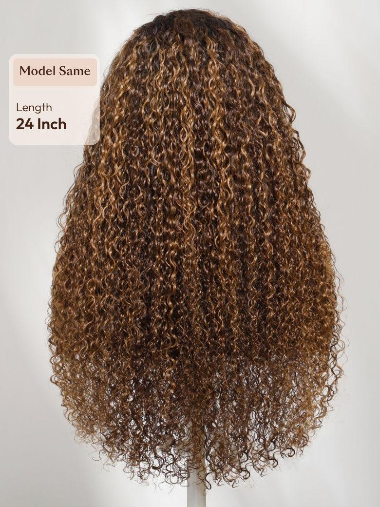 13x4 Bye Bye Slip? Lace Frontal Brown with Caramel Highlights Glueless Curly Wig with Dark Roots