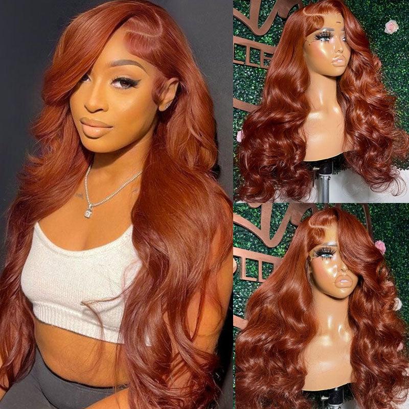 13x4 Lace Front Copper BrownBody Wave Wig Ginger Brown 150% Density Pre plucked