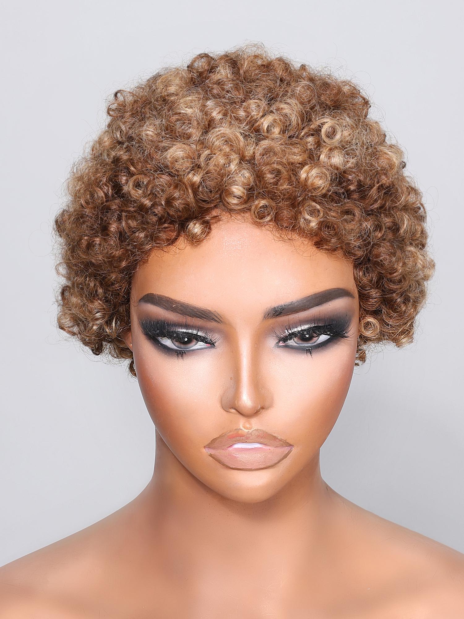 Short Afro Beginner Friendly Glueless Wig With Honey Blonde Highlights