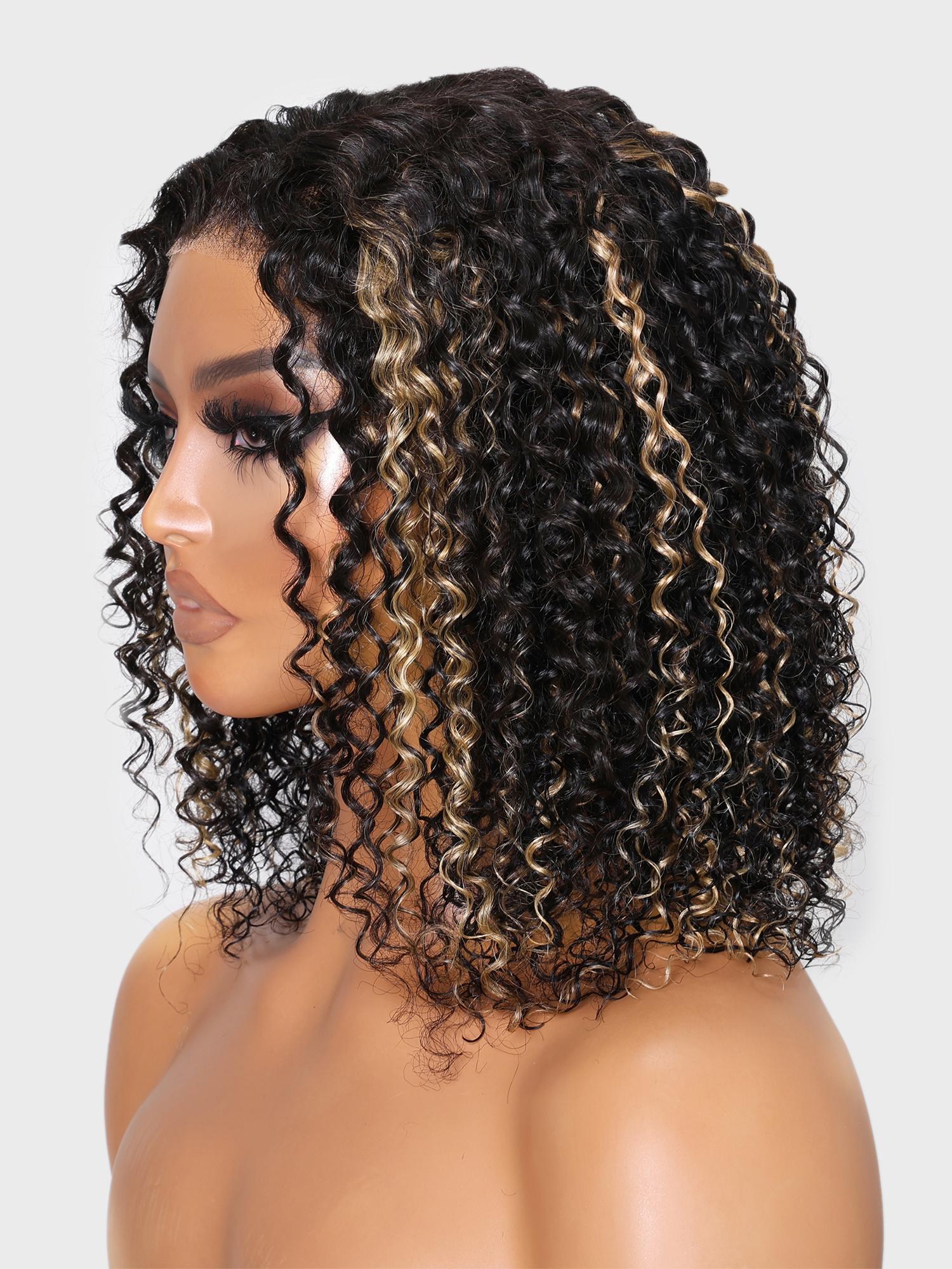 Put On And Go 6x4.5 Pre-Cut Lace Black With Blonde Highlights Bouncy Jerry Curly Air Wig
