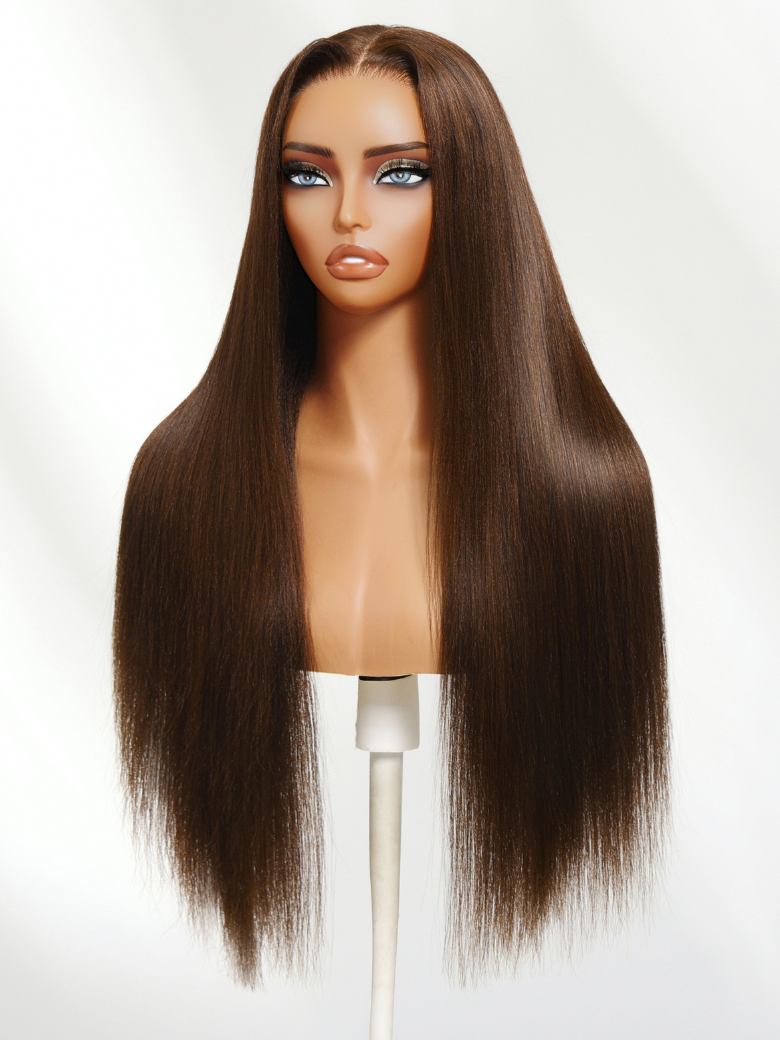 4x4 Pre-Cut Lace Chocolate Brown Yaki Straight Bye Bye Knots Glueless With Drawstring Wig