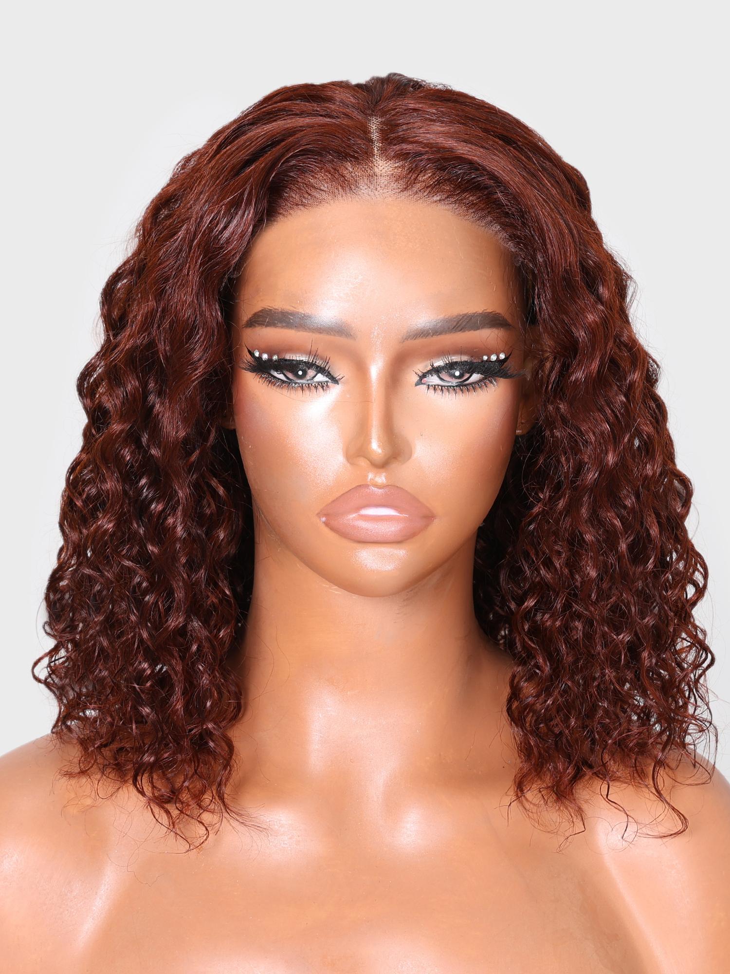 Put On And Go 6x4.5 Pre-Cut Lace Reddish Brown Bouncy Water Wave Air Wig