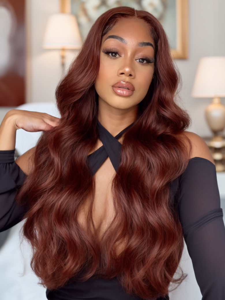 Putonandgo 7x5 Glueless Lace Wig Reddish Brown Body Wave Bleached Knots Wig