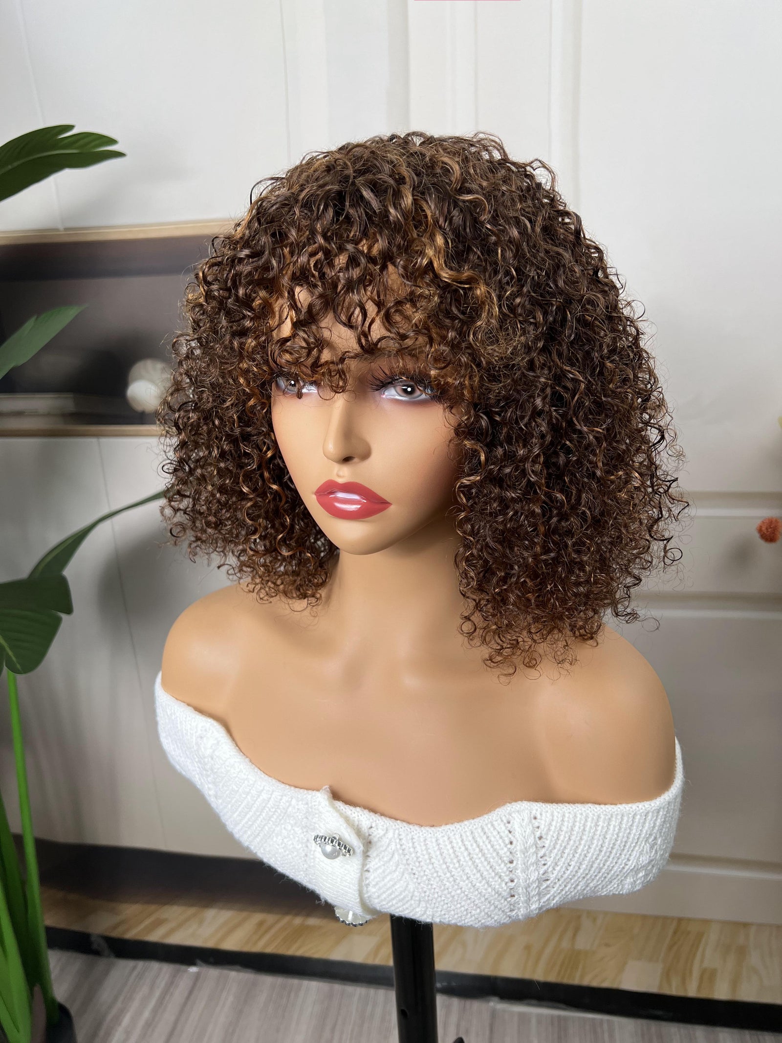 Glueless Curly Bob Brown Highlights Wig With Curtain Bangs