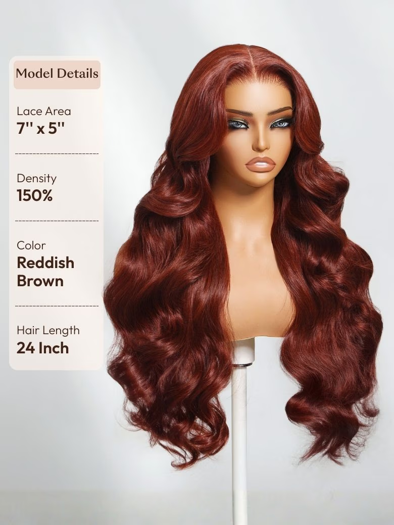 7x5 Bye Bye Knots Wig & 5X5 HD Lace Reddish Brown Body Wave Bleached Knots Wig