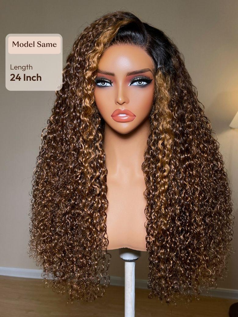 13x4 Bye Bye Slip? Lace Frontal Brown with Caramel Highlights Glueless Curly Wig with Dark Roots