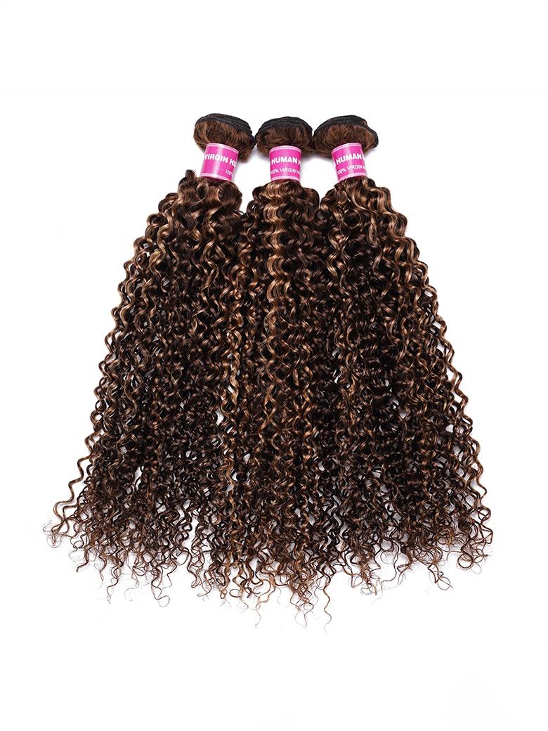 Honey Blonde Piano Highlighted Jerry Curly 3Pcs Bundles With Closure Deal