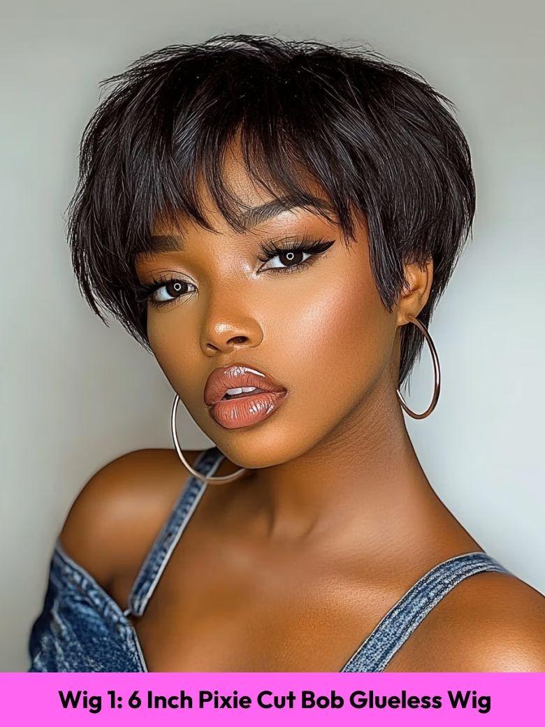 Black Yaki Wig Human Hair Glueless Wig with Blunt Bangs