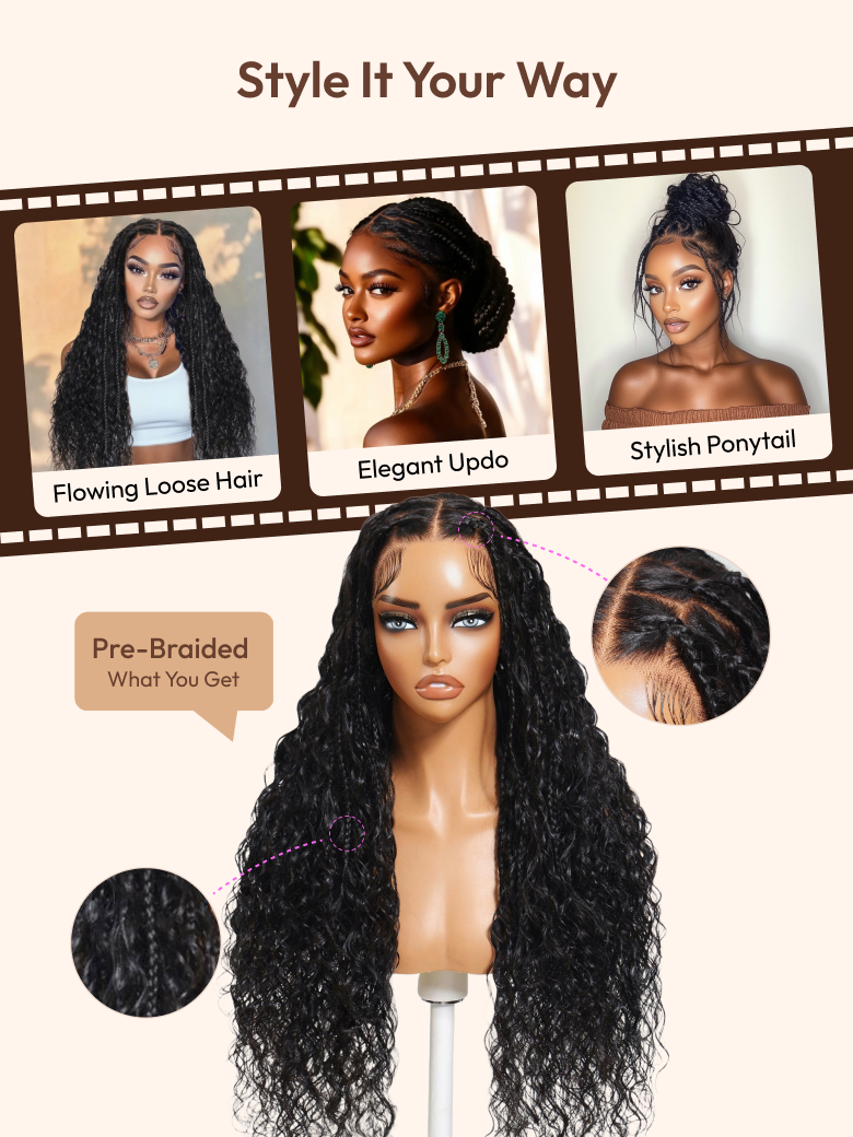 Bye-Bye Knots™ 7x5 Lace Black Water Wave Wig with Locs with Invisi Drawstring