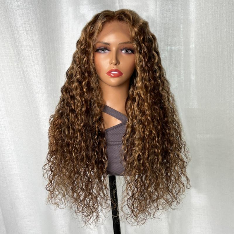 Sunflower Color Honey Blonde Highlighted 13x4 Transparent Lace Front Water Wave Wig