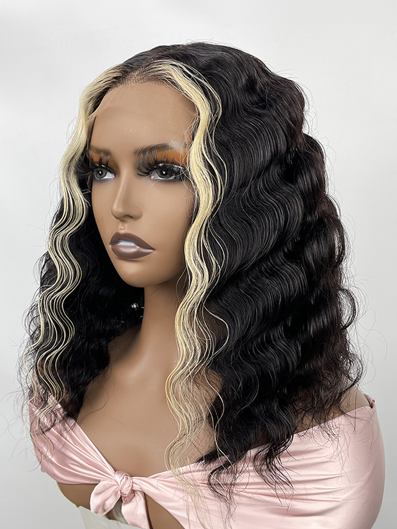 180% Density Crimped Bob 13x4 Lace Front Black Wig With Blonde Streaks In Front