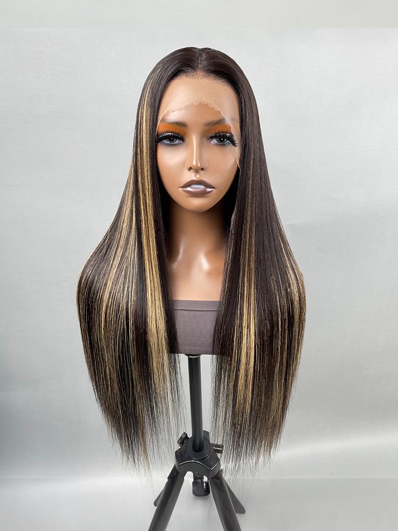 13x4 Lace Front Blonde Highlights On Dark Hair Body Wave / Straight Wig Realistic & Durable