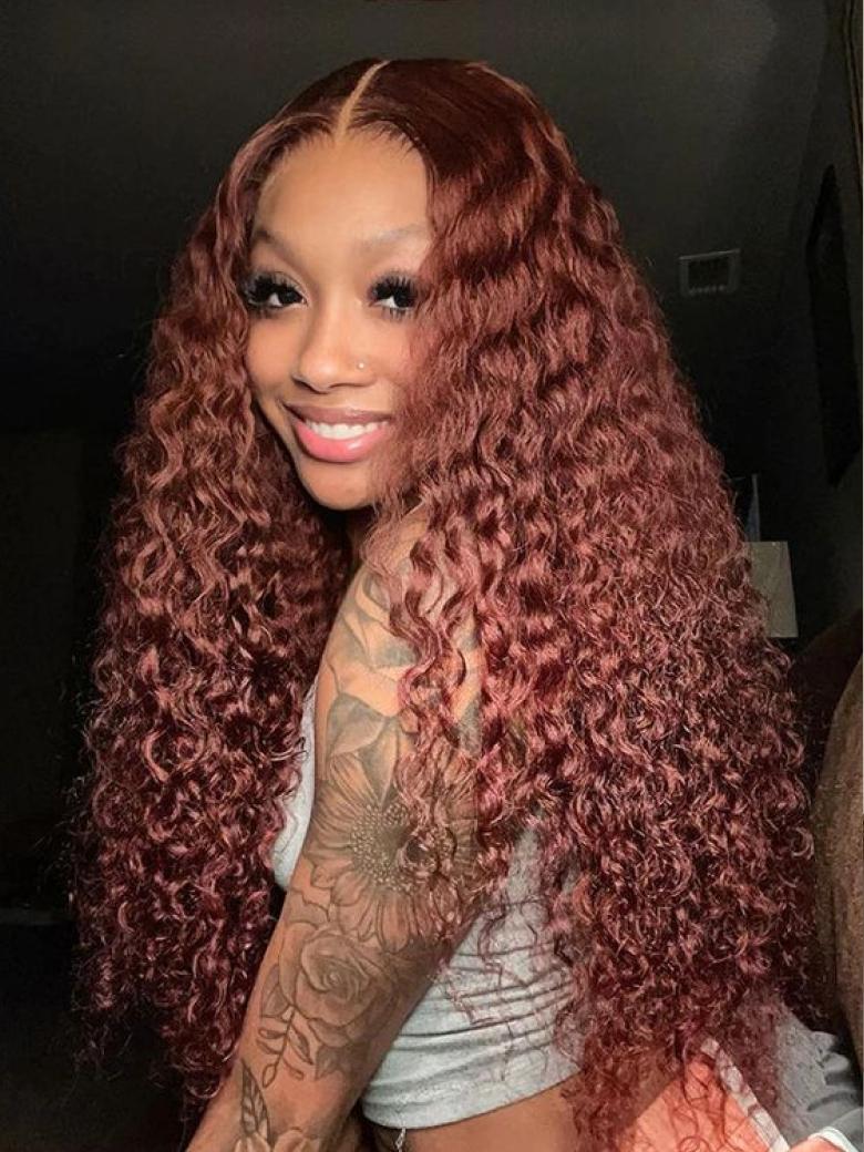 20 Inch 13x4 Lace Front Kinky Curly Wig Reddish Brown Color 150% Density No Baby Hair