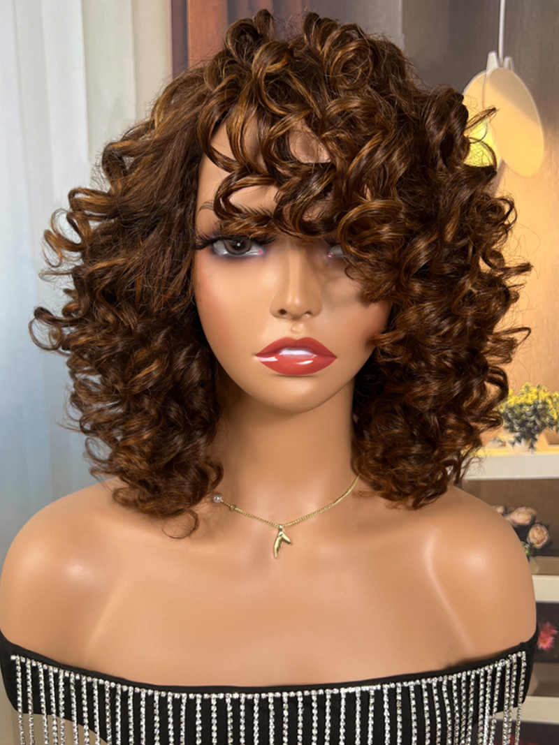 Glueless Beginner Friendly Toffee Brown Curly Fringe Short Wig With Bouncy Spiral Curls