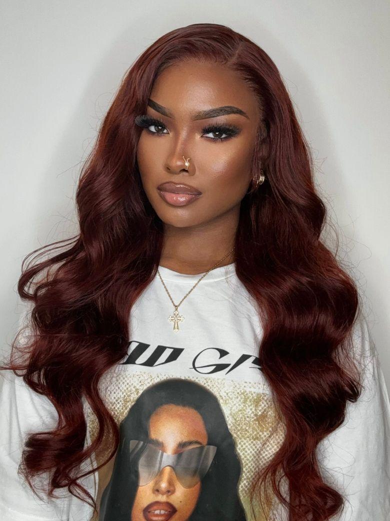 20 Inch 6x4.5 Pre-Cut Lace Glueless Trendy Color Reddish Brown Body Wave Put On And Go Wig With Baby Hair