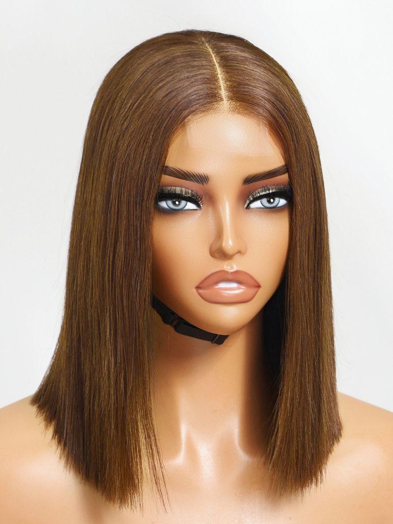 2x6 Lace Closure Medium Brown Glueless Blunt Cut Bob Wig