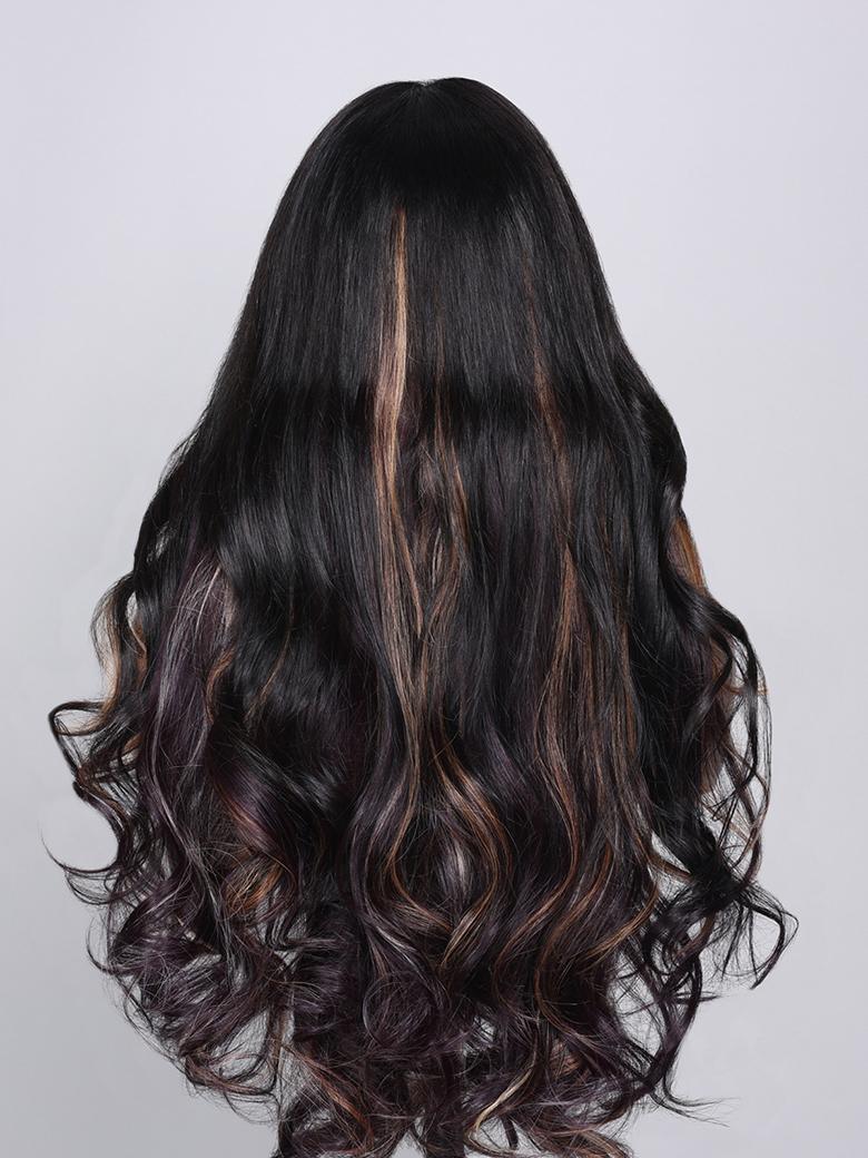 13x4 Lace Front Black Purple Ombre With Blonde Highlights Loose Wave Wig