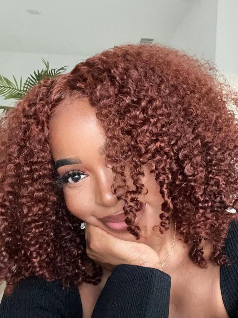 Put On And Go 6x4.5 Pre-Cut Lace Reddish Brown Bouncy Kinky Curly Air Wig