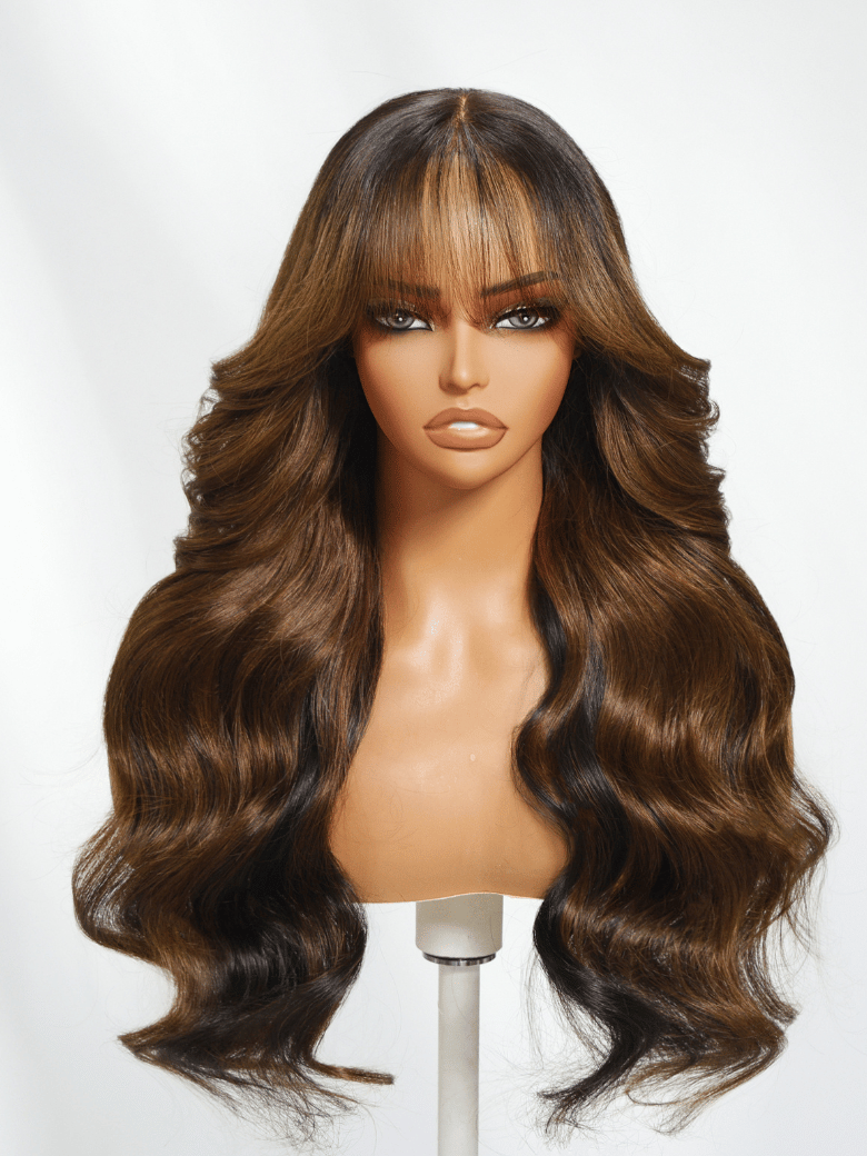 Bye-Bye Knots 7x5 Black with Brown Money Piece Natural Fluffy Loose Wave Curtain Bangs Wig