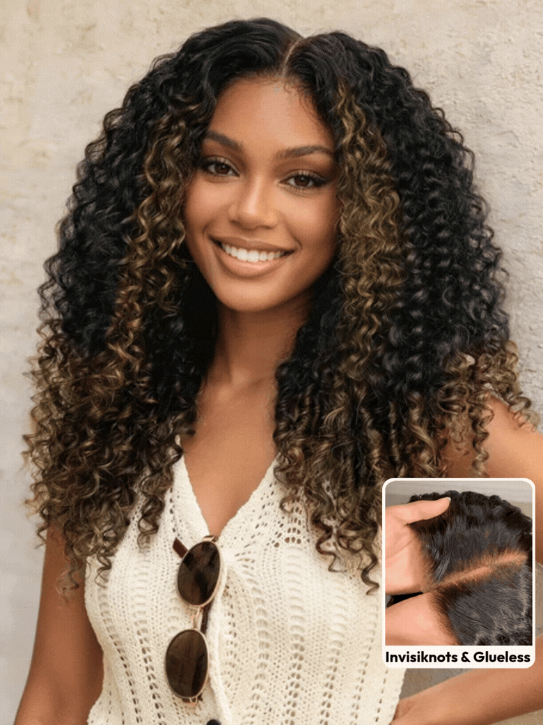 Glueless 7x5 Burmese Curly Wig with Finger Coily Ends 100% Human Hair Black to Chestnut Brown Ombre Bye-Bye Knots? 7x5 Lace Drawstring Wig