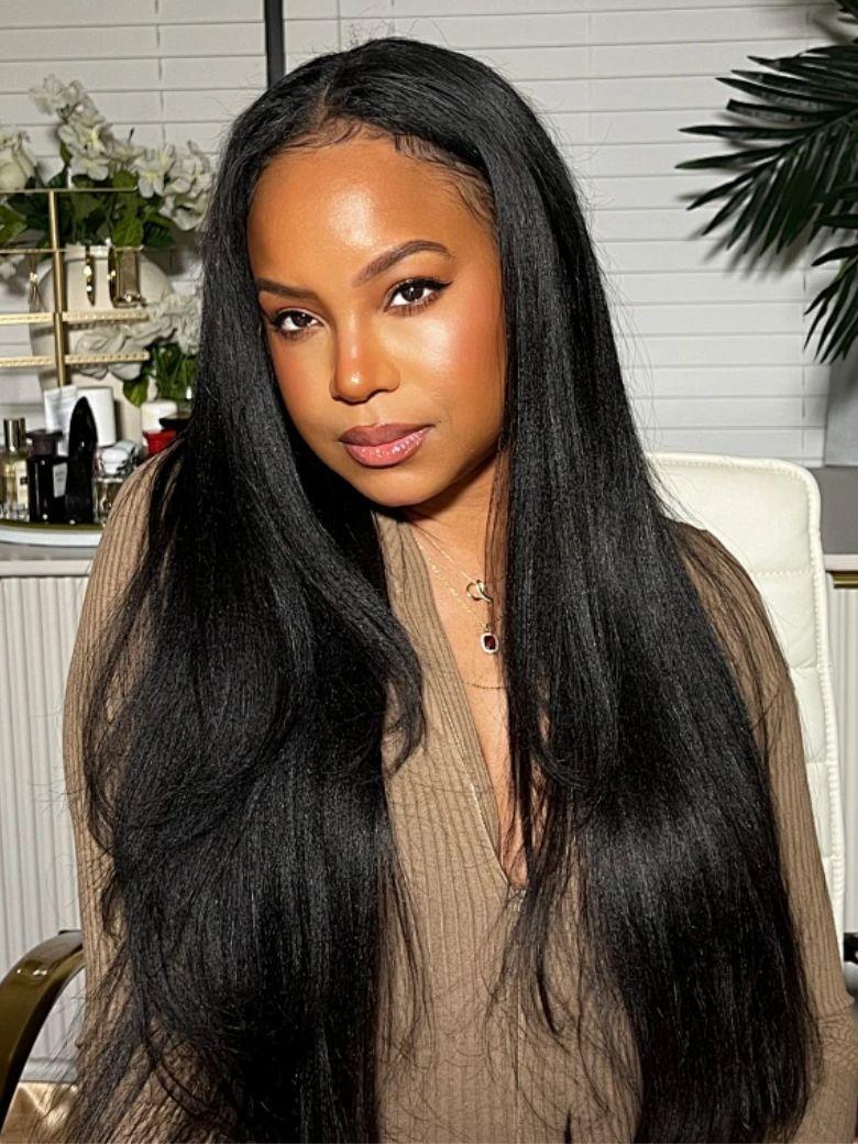 Bye Bye Knots 6x4.5 Pre Cut Lace Put On And Go Kinky Straight Black Air Wig 150% Density