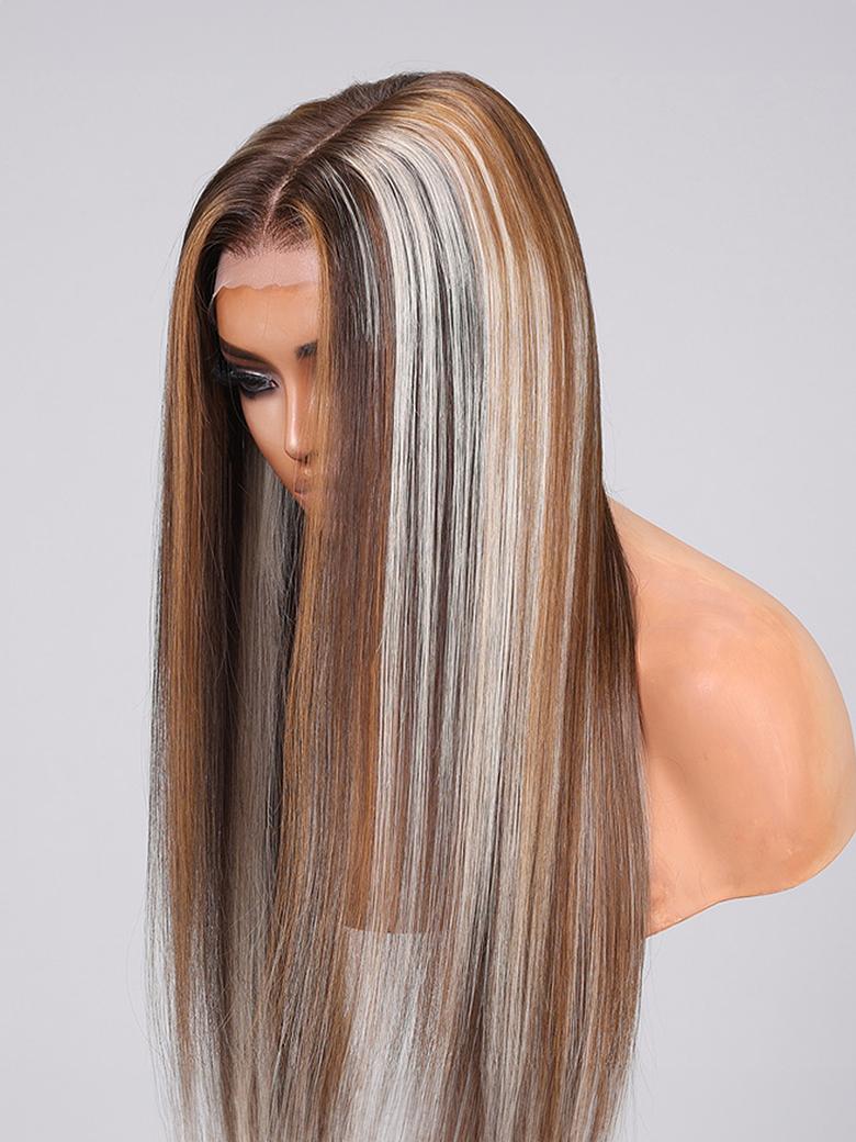 13x4 Lace Front Ash Blonde With Silver Highlight Straight Wig