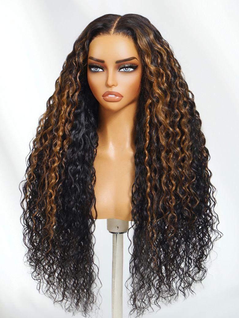 Bye-Bye Knots 7x5 Lace Water Wave Black Wig With Golden Brown Highlights