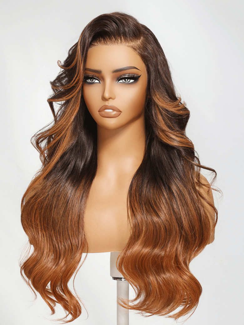 Brown to Light Auburn Ombre Wig With Side Part Face Framing Layers
