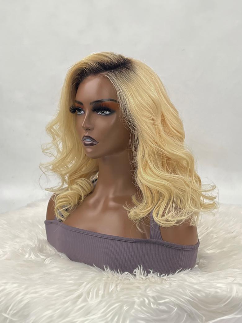 Dark Roots Blonde 13x4 Lace Front Big Wave Short Wig With Side Bangs