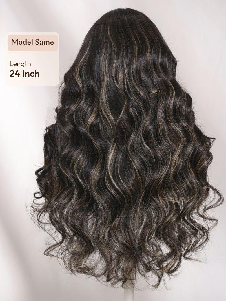 7x5 Bye Bye Slip? Lace Black With Blonde Face-Framing Highlights Body Wave Wig with Side Part Bangs