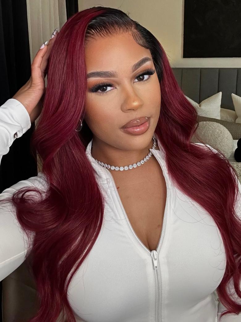24" 180% Density 13x4 Lace Front Burgundy Red With Dark Roots Body Wave Wig