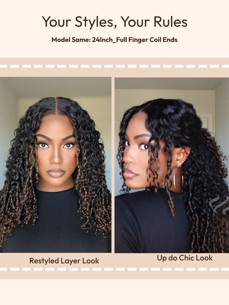 Bye-Bye Knots? 7x5 Lace Black to Chestnut Brown Ombre Curly Wig With Defined Finger Coil Ends Drawstring Wig