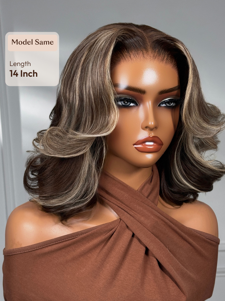13x4 Pre-Everything? Pre-Cut Lace Frontal Dark Brown with Face Framing Highlights Layered Cut Bob Drawstring Wig