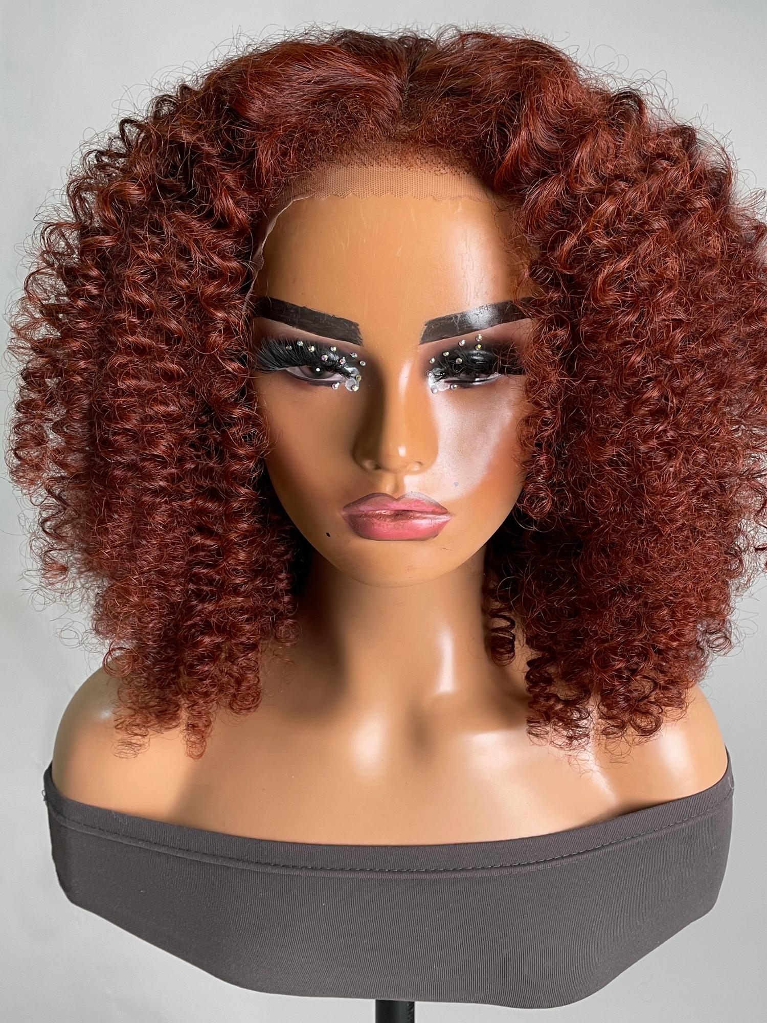 13x4 Lace Front Kinky Afro Puff Reddish Brown 16 Inch Shoulder Length Wig