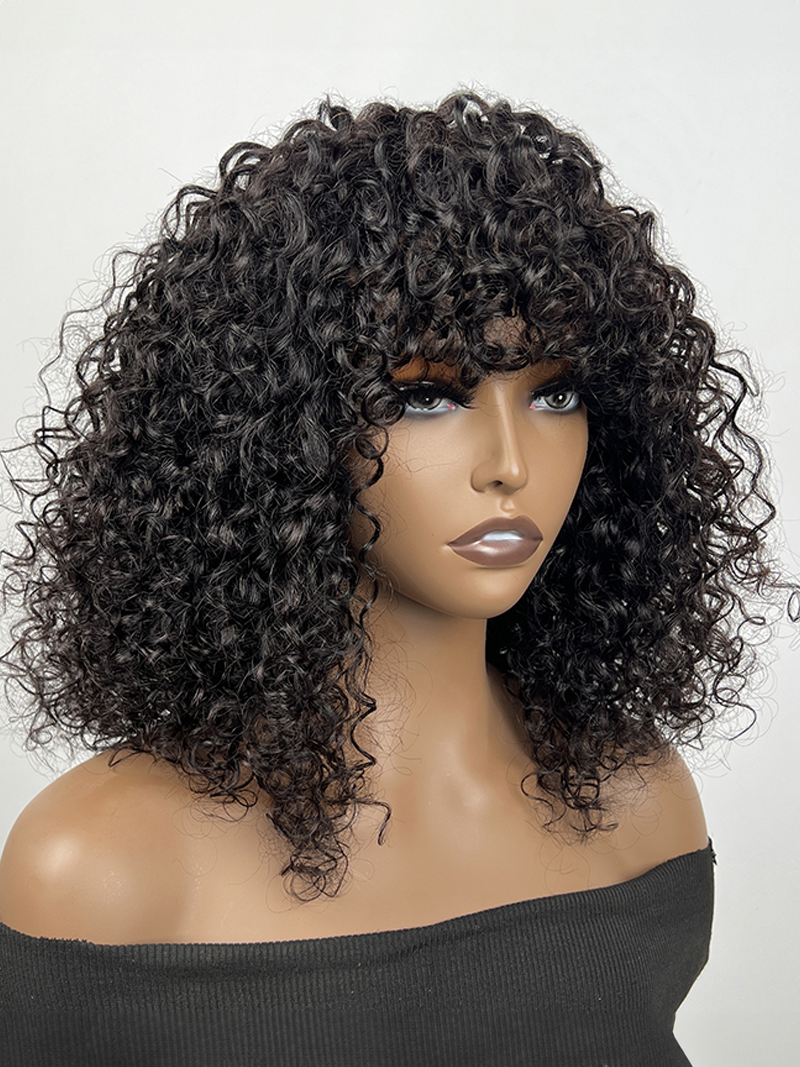 Tousled Curly Short Black Glueless Wig With Bangs