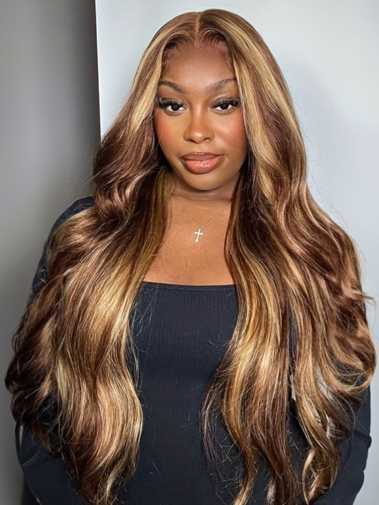 7x5 Bye Bye Knots Wig Glueless Lace Honey Blonde Body Wave Wig With Bleached Clean Knots180% Density