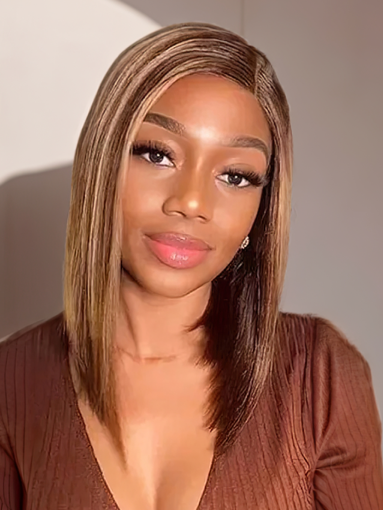 Toffee Brown With Piano Highlights Blunt Cut 13x5 T Part Bob Wig