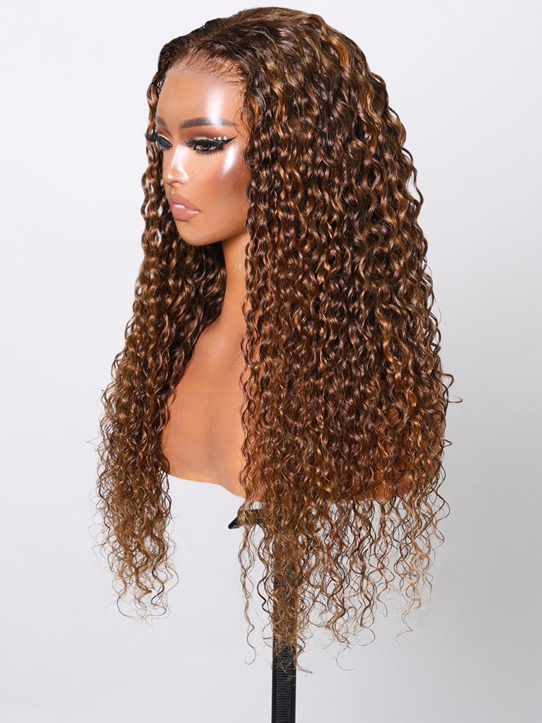 7x5 Byebye Knots Put On And Go Brown Piano Highlights Water Wave Glueless Wig 150% Density