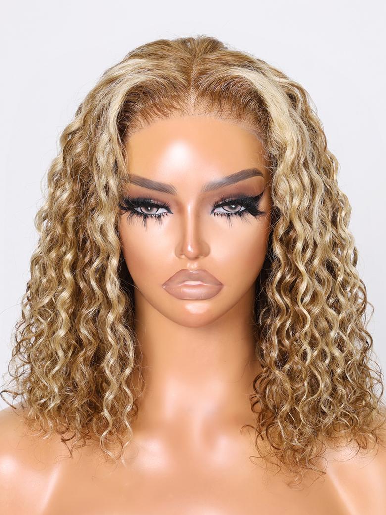 Bye Bye Knots 7x5 Pre-Cut Lace Honey Blonde Highlights Bouncy Water Wave Bob Wig