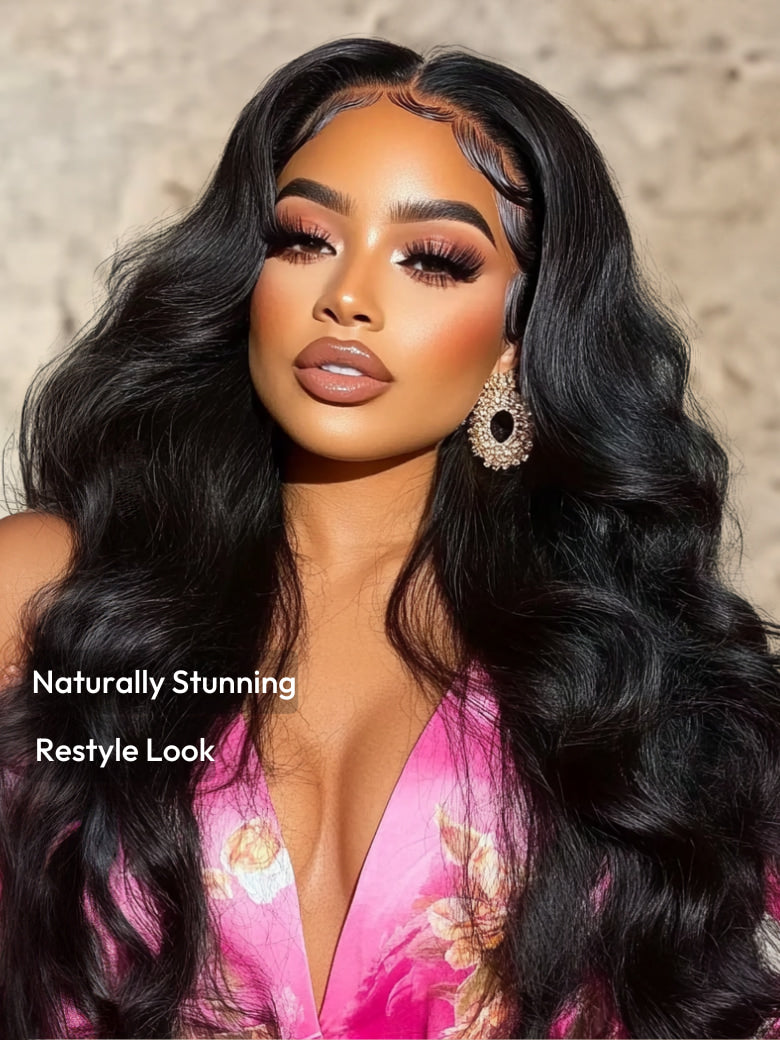 7x5 Bye-Bye Knots Glueless Invisi Drawstring Black Yaki Wig with Soft Layers & Pre-Plucked Hairline 150% Density