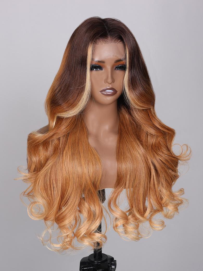 13x4 Lace Front Golden Brown Ombre Loose Wave Wig With Blonde Streaks