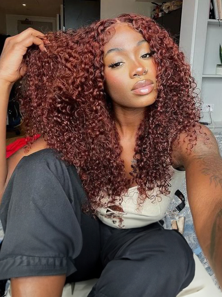 13x4 Lace Front Kinky Curly Wigs Reddish Brown Color 150% Density